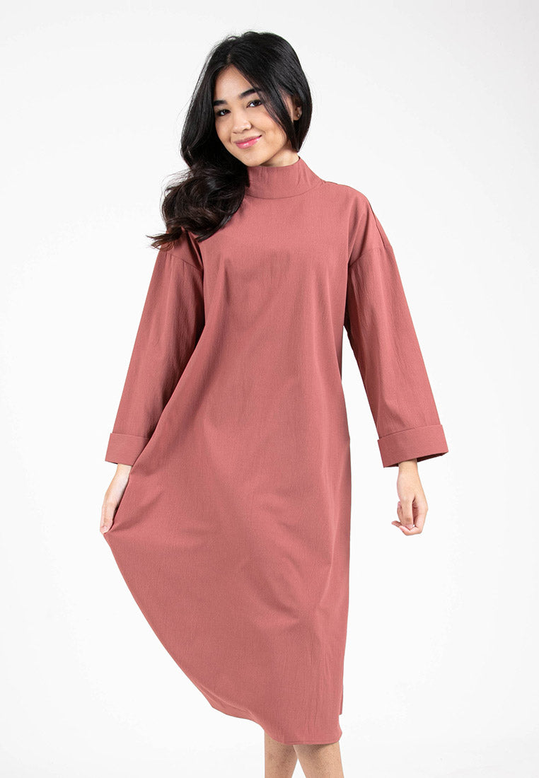 Forest Ladies Woven Long Sleeve High Neck Midi Dress | Baju Perempuan - 885033