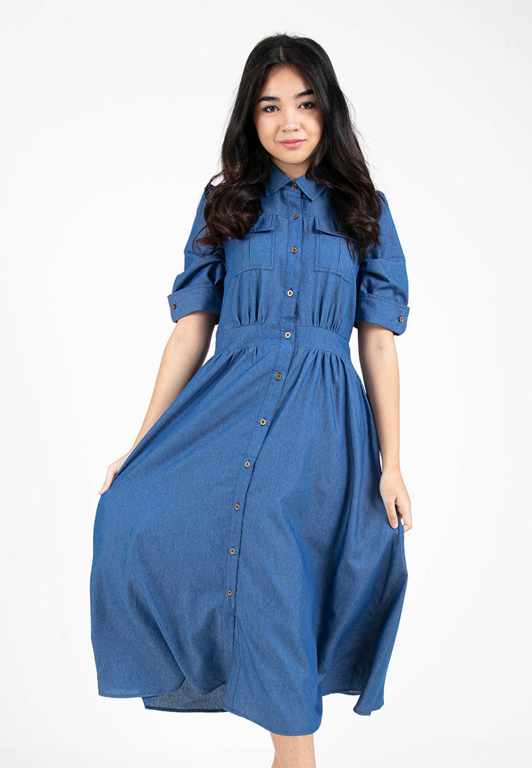 Forest Ladies Chambray Short Sleeve Midi Shirt Dress | Baju Perempuan - 885034