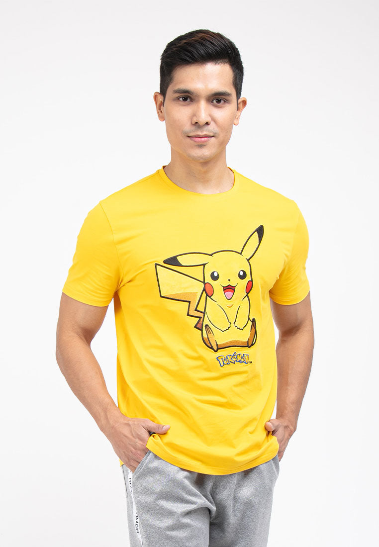 Forest Men Pokémon Coral Fleece Textured Embroidered Pikachu Round Neck Tshirt Men | Baju T Shirt Lelaki - FP21000