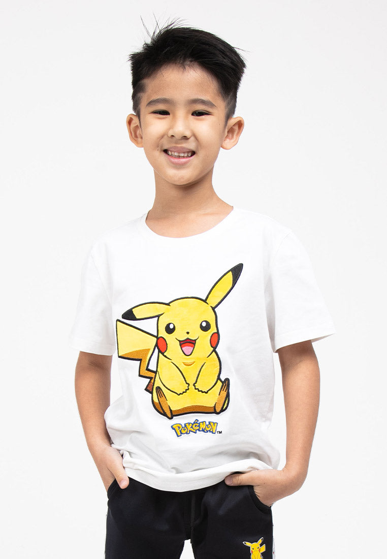 Forest Kids Pokémon Coral Fleece Textured Embroidered Pikachu Round Neck Tshirt | Baju T Shirt Budak - FPK21000