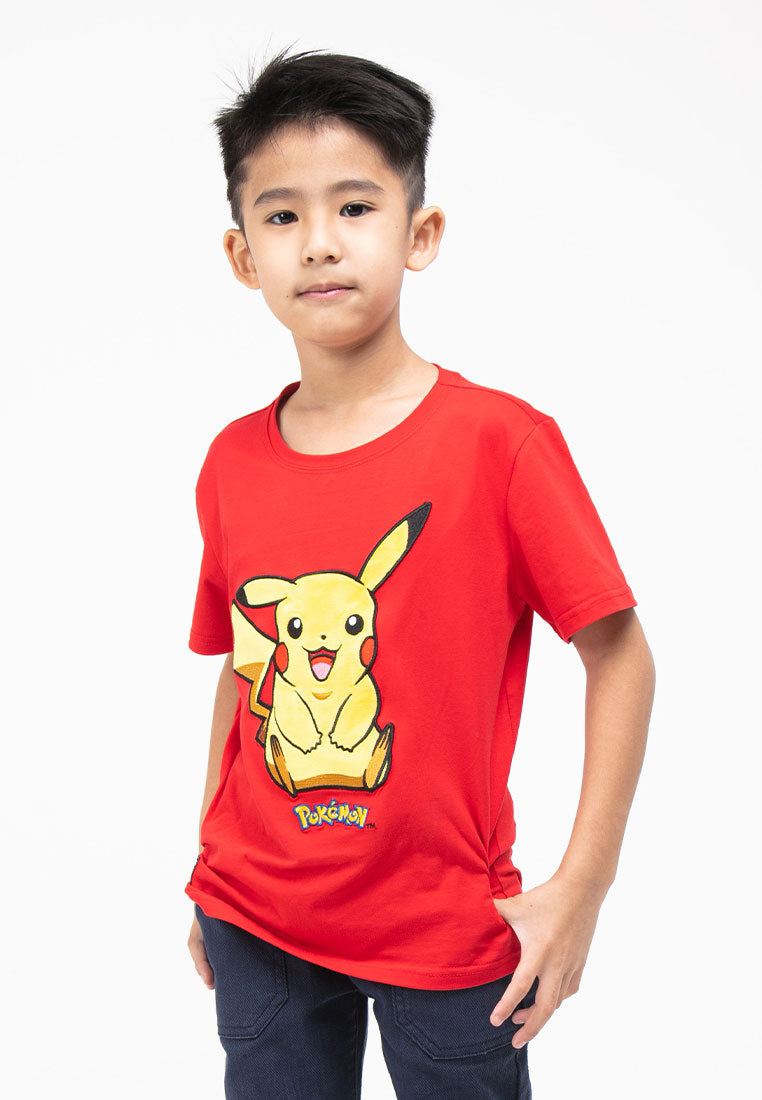 Forest Kids Pokémon Coral Fleece Textured Embroidered Pikachu Round Neck Tshirt | Baju T Shirt Budak - FPK21000