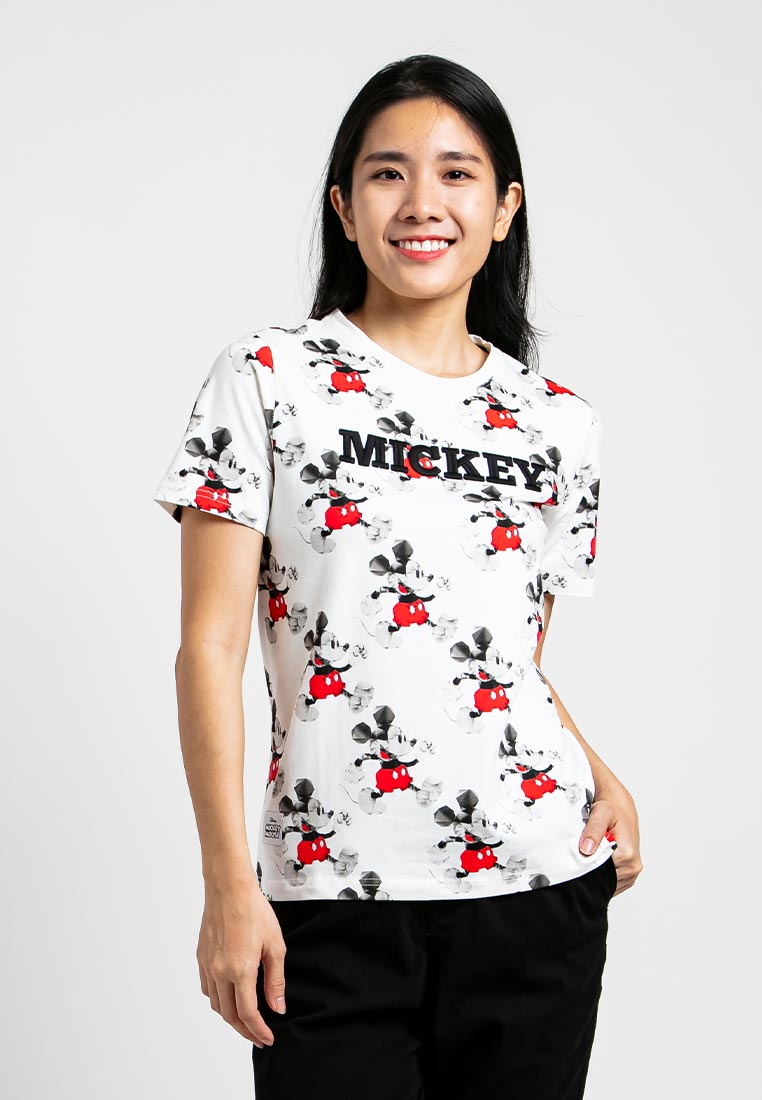 Forest X Disney Mickey Premium Effects Embroidered Fonts Round Neck Tee Women | Baju T shirt Perempuan - FW820026