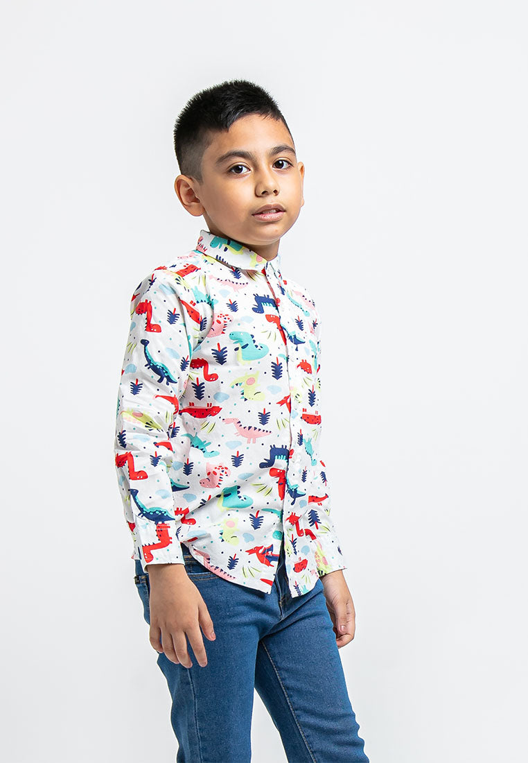 Forest Kids Woven Dinosaur Full Print Boy Collar Long Sleeve Shirt Kids l Baju Kemeja Budak Lelaki - FK2047