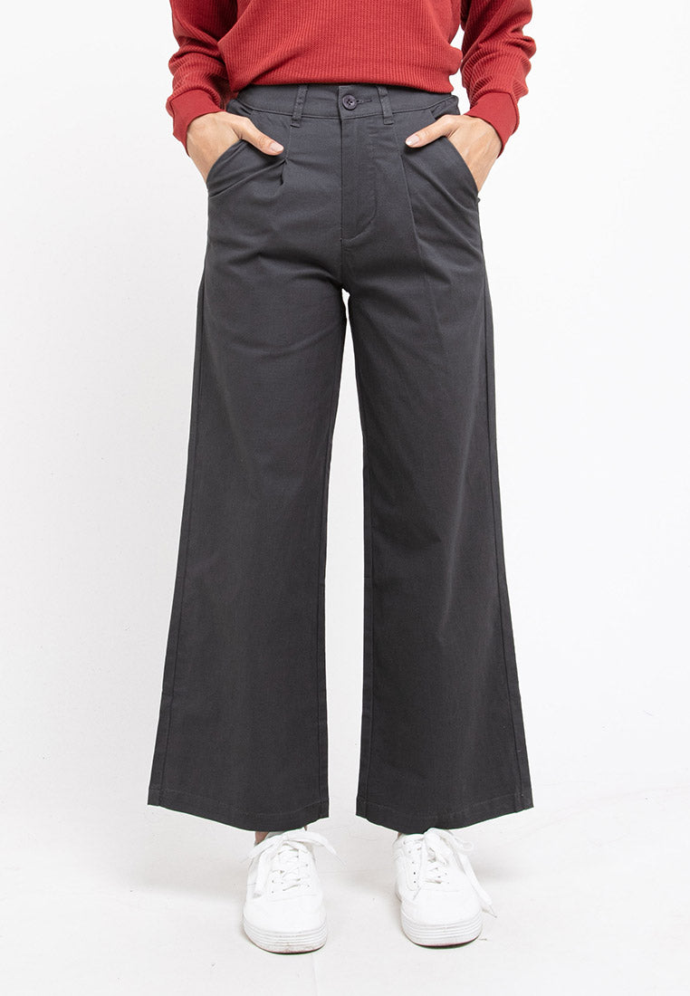 Forest Ladies Cotton Twill Button Elastic Waist Casual Wide Leg Pants | Seluar Perempuan - 810538