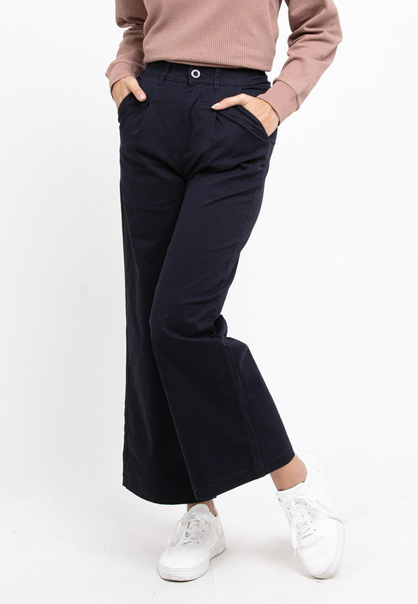 Forest Ladies Cotton Twill Button Elastic Waist Casual Wide Leg Pants | Seluar Perempuan - 810538