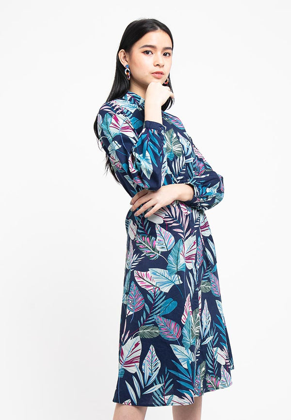 Ladies Long Sleeve Collar Printing Dress - 822092 A