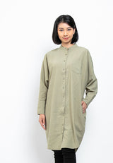 Forest Ladies Woven Long Sleeve Mandarin Collar Loose Fit Dress Shirt Blouse Women | Baju Kemeja Perempuan - 822161