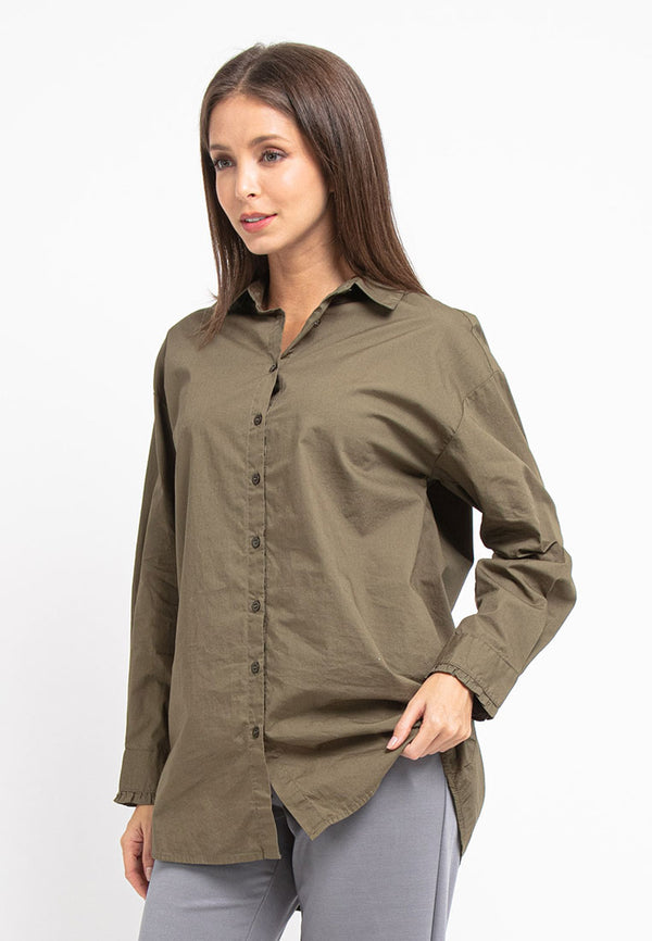 Forest Ladies Woven Long Sleeve Oversized Collar Shirt | Baju Perempuan - 822241