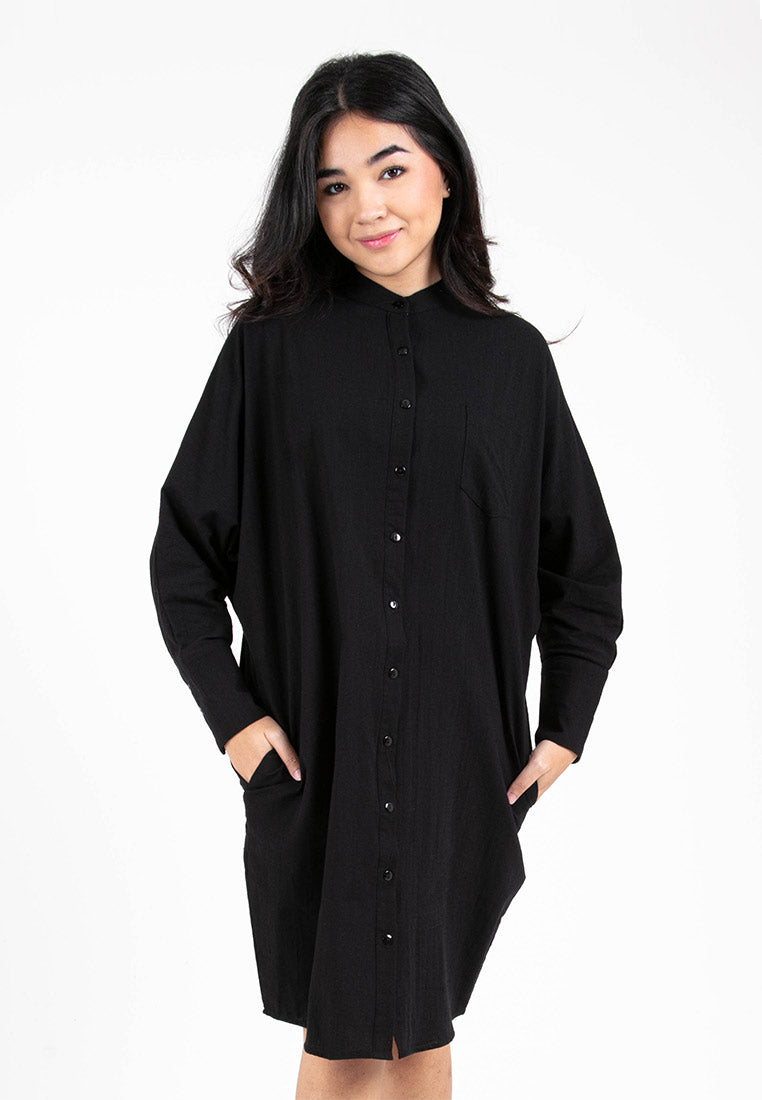 Forest Ladies Woven Long Sleeve Mandarin Collar Loose Fit Dress Shirt Women | Baju Kemeja Perempuan - 822256