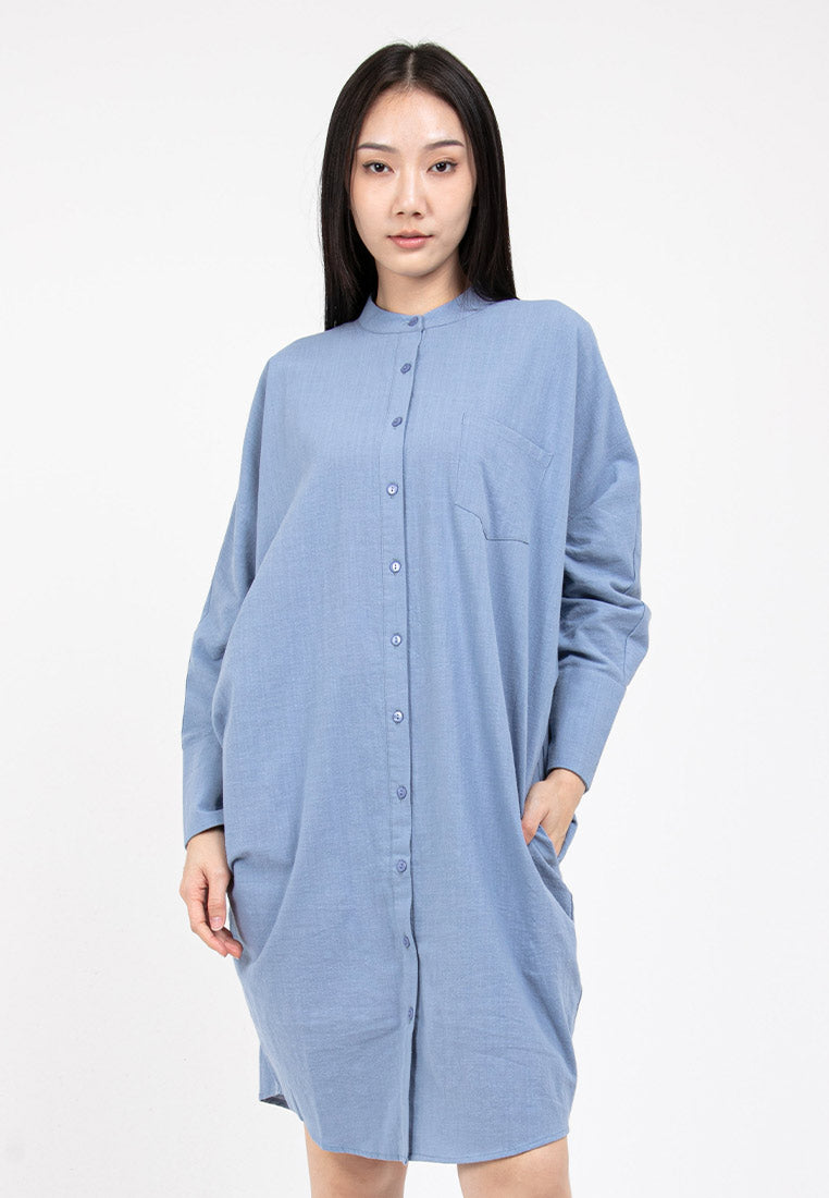 Forest Ladies Woven Long Sleeve Mandarin Collar Loose Fit Dress Shirt Women | Baju Kemeja Perempuan - 822256