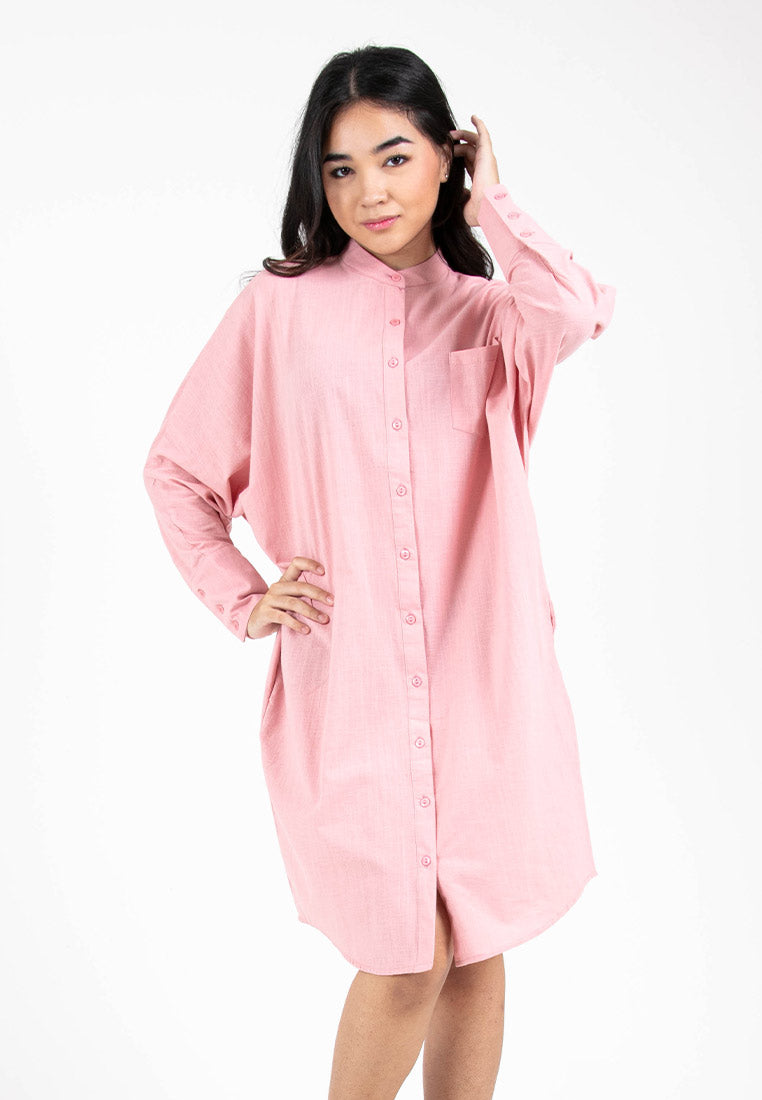 Forest Ladies Woven Long Sleeve Mandarin Collar Loose Fit Dress Shirt Women | Baju Kemeja Perempuan - 822256