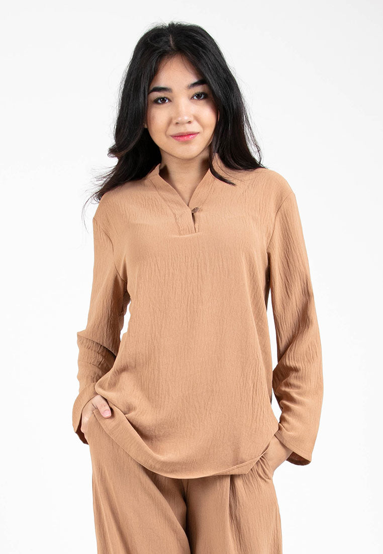 Forest Ladies Woven V Neck Long Sleeve Collar Loose Blouse | Baju Perempuan - 822302