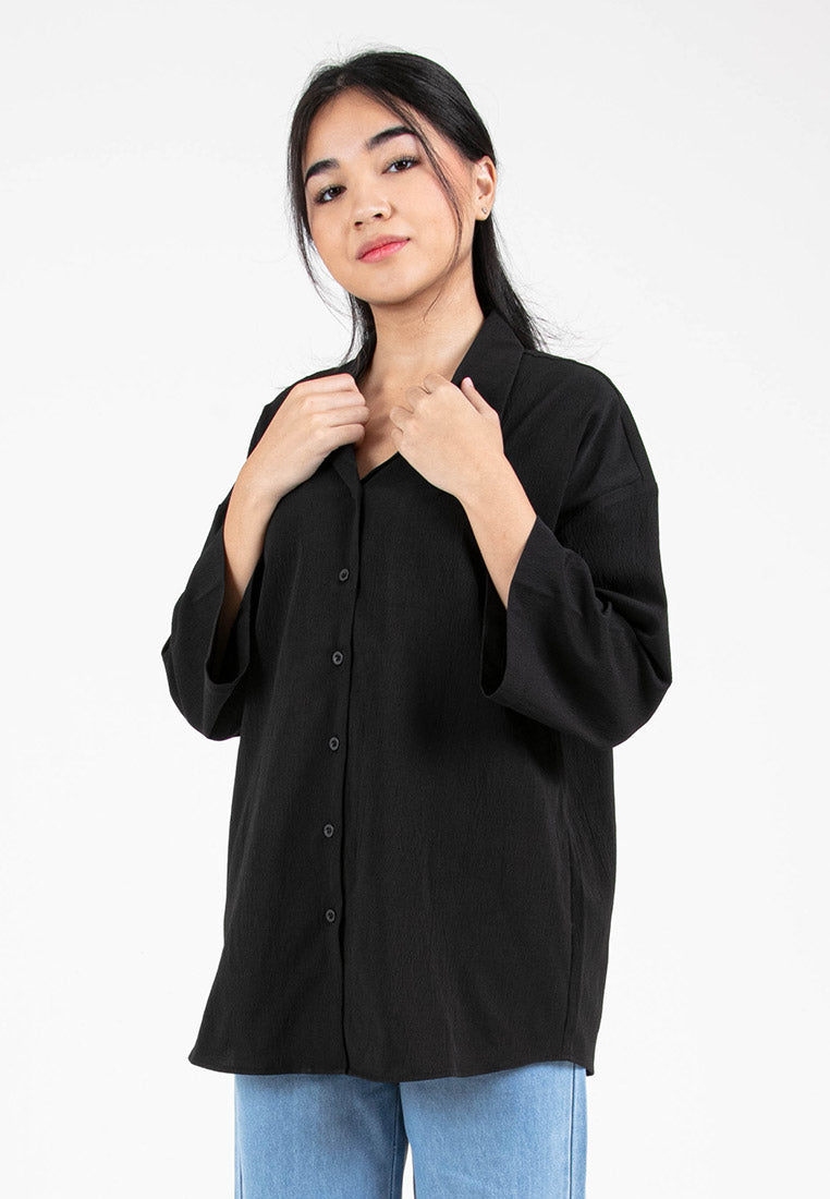 Forest Ladies Woven 3/4 Sleeve Lapel Button Up Textured Shirt | Baju Perempuan - 822320