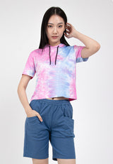 Forest Ladies Stretchable Premium Weight Cotton Tie Dye Cropped Short Sleeve Hoodies - Baju T shirt Perempuan - 822322