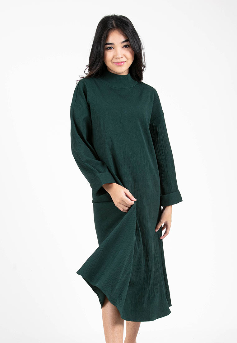 Forest Ladies Woven Long Sleeve High Neck Midi Dress | Baju Perempuan - 885033