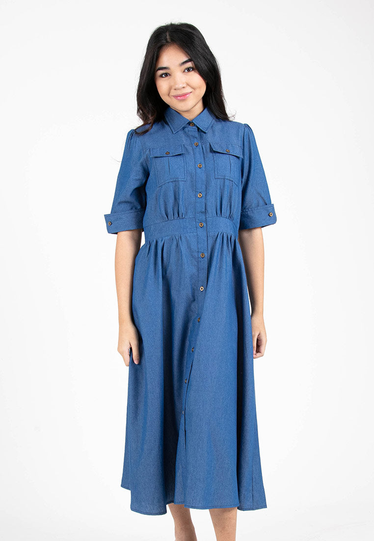 Forest Ladies Chambray Short Sleeve Midi Shirt Dress | Baju Perempuan - 885034