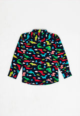 Forest Kids Woven Dinosaur Full Print Boy Collar Long Sleeve Shirt Kids l Baju Kemeja Budak Lelaki - FK2047