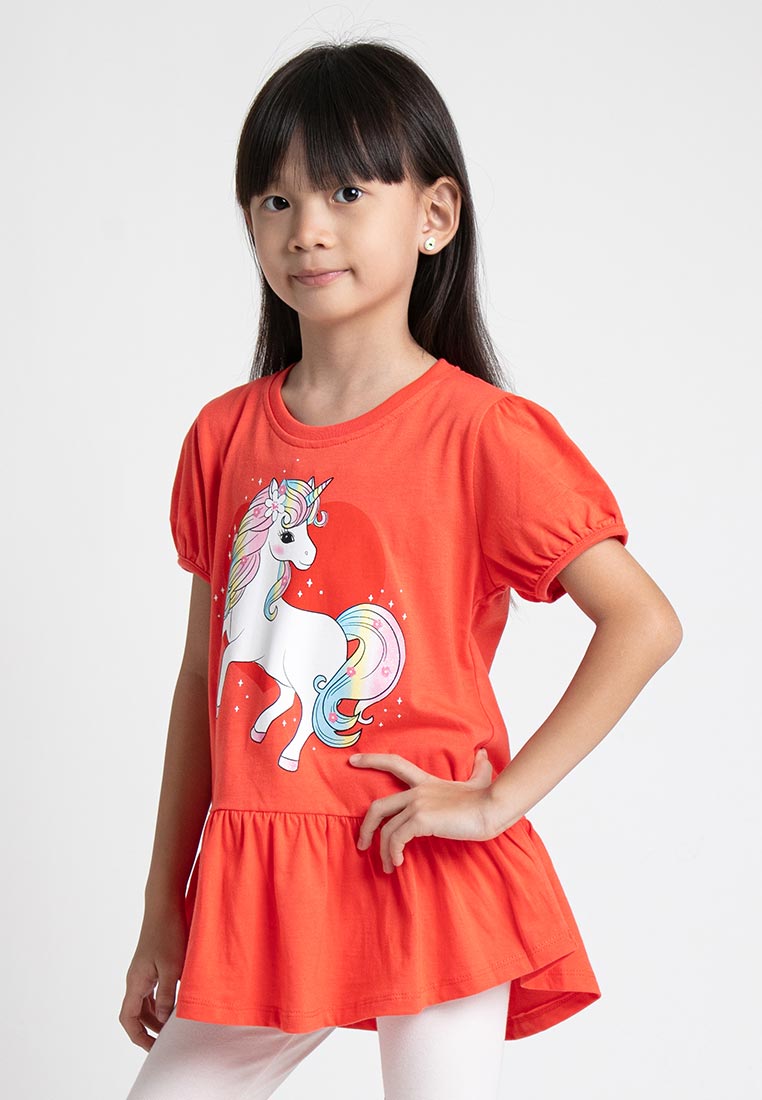 Forest Kids Girl Unicorn 100% Cotton Girls Puff  Sleeve Graphic Round Neck Tee | Baju T Shirt Budak Perempuan - FK820048