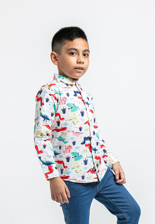 Forest Kids Woven Dinosaur Full Print Boy Collar Long Sleeve Shirt Kids l Baju Kemeja Budak Lelaki - FK2047