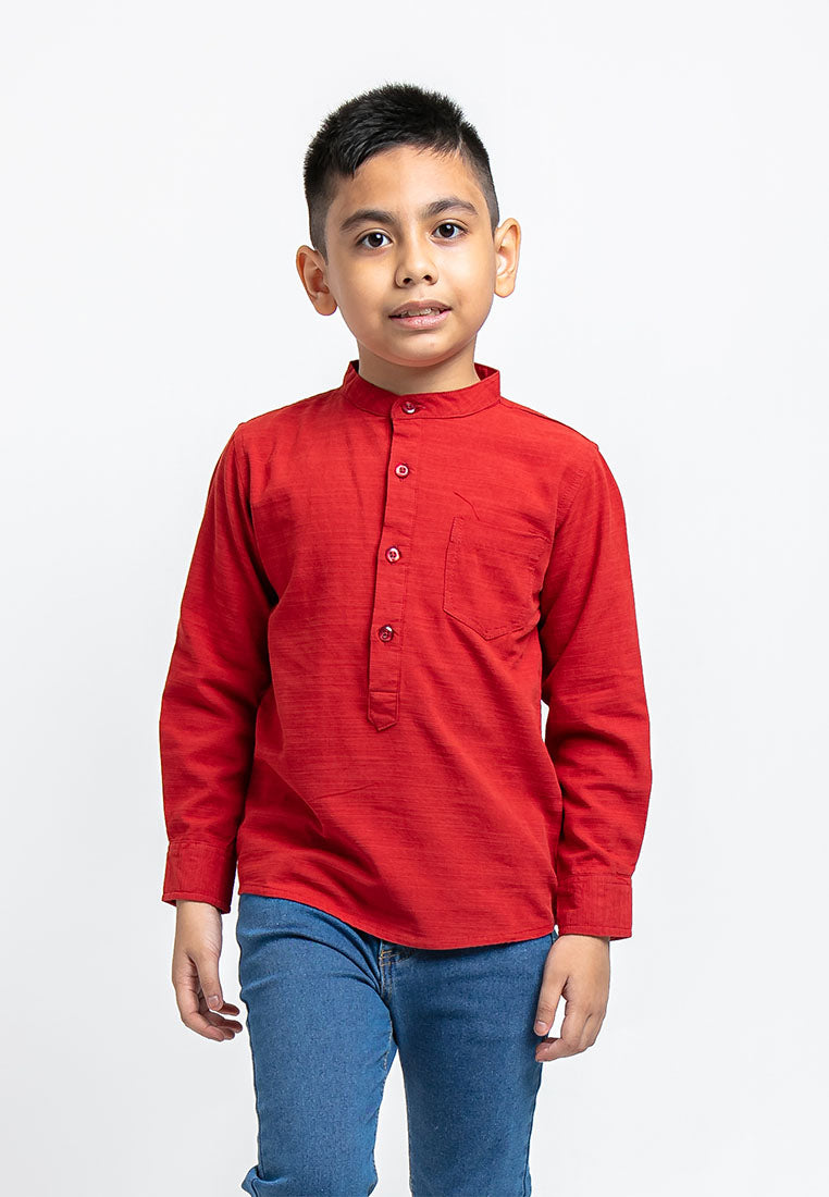 Forest Kids Woven Boy Stand Collar Long Sleeve Shirt Kids l Baju Kemeja Budak Lelaki - FK2048