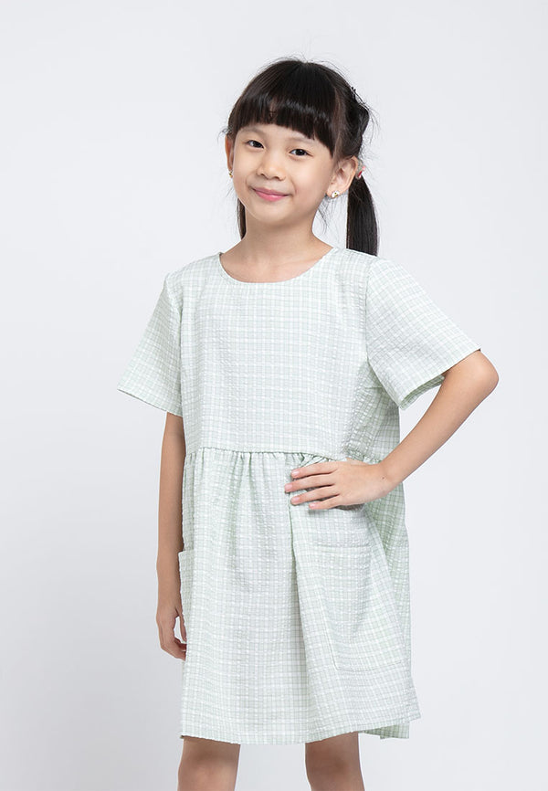 Forest Kids Girl Short Sleeve Kids Pocket Plaid Dress | Baju Budak Perempuan Girl Dresses - FK82015
