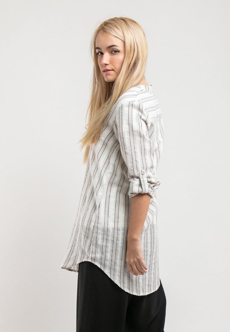 Ladies Woven Long sleeve Mandarin Collar Long Length Shirt - 822018