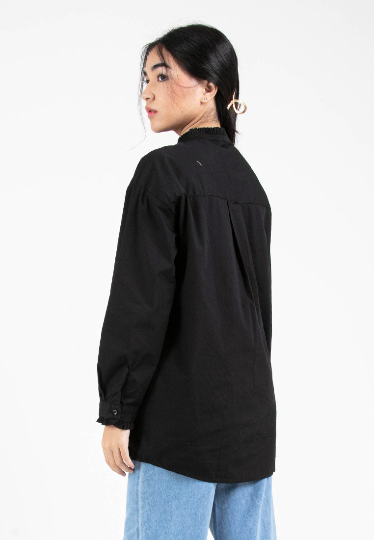 Forest Ladies Woven Long Sleeve Ruffle Collar Oversized Shirt | Baju Kemeja Perempuan - 822255