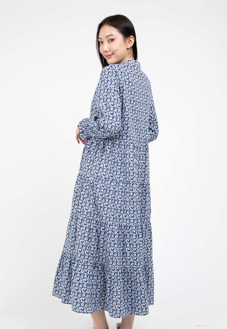 Forest Ladies Woven Long Sleeve Floral Pattern Women Tiered Layered Long Dress | Baju Perempuan - 885023