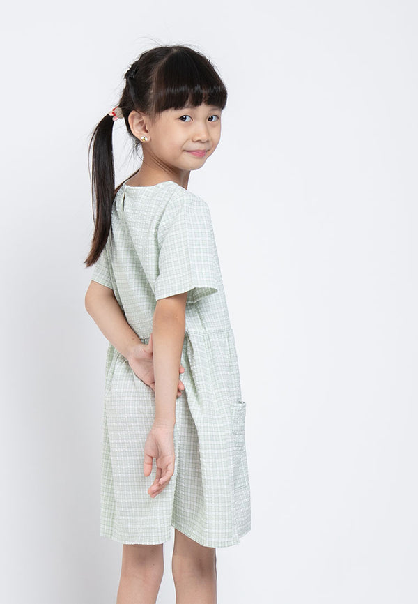 Forest Kids Girl Short Sleeve Kids Pocket Plaid Dress | Baju Budak Perempuan Girl Dresses - FK82015