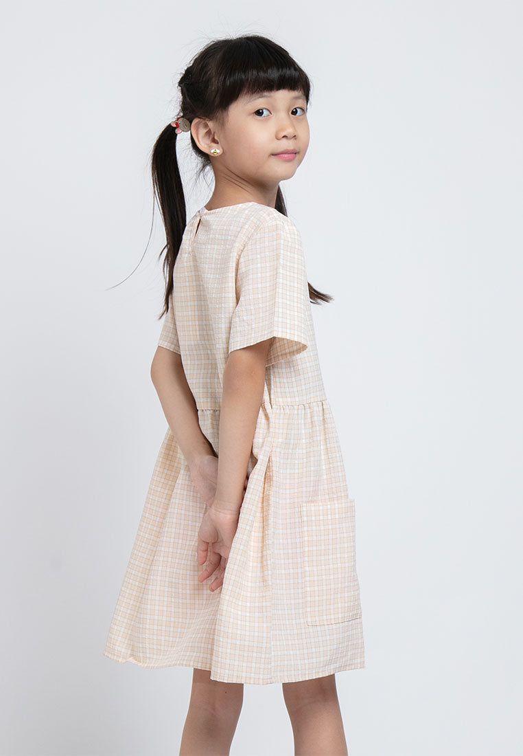 Forest Kids Girl Short Sleeve Kids Pocket Plaid Dress | Baju Budak Perempuan Girl Dresses - FK82015