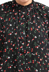 Forest Ladies Long Sleeve Ruffle Neck Floral Pattern Women Blouse | Baju Perempuan - 822221