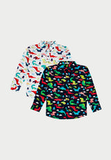 Forest Kids Woven Dinosaur Full Print Boy Collar Long Sleeve Shirt Kids l Baju Kemeja Budak Lelaki - FK2047