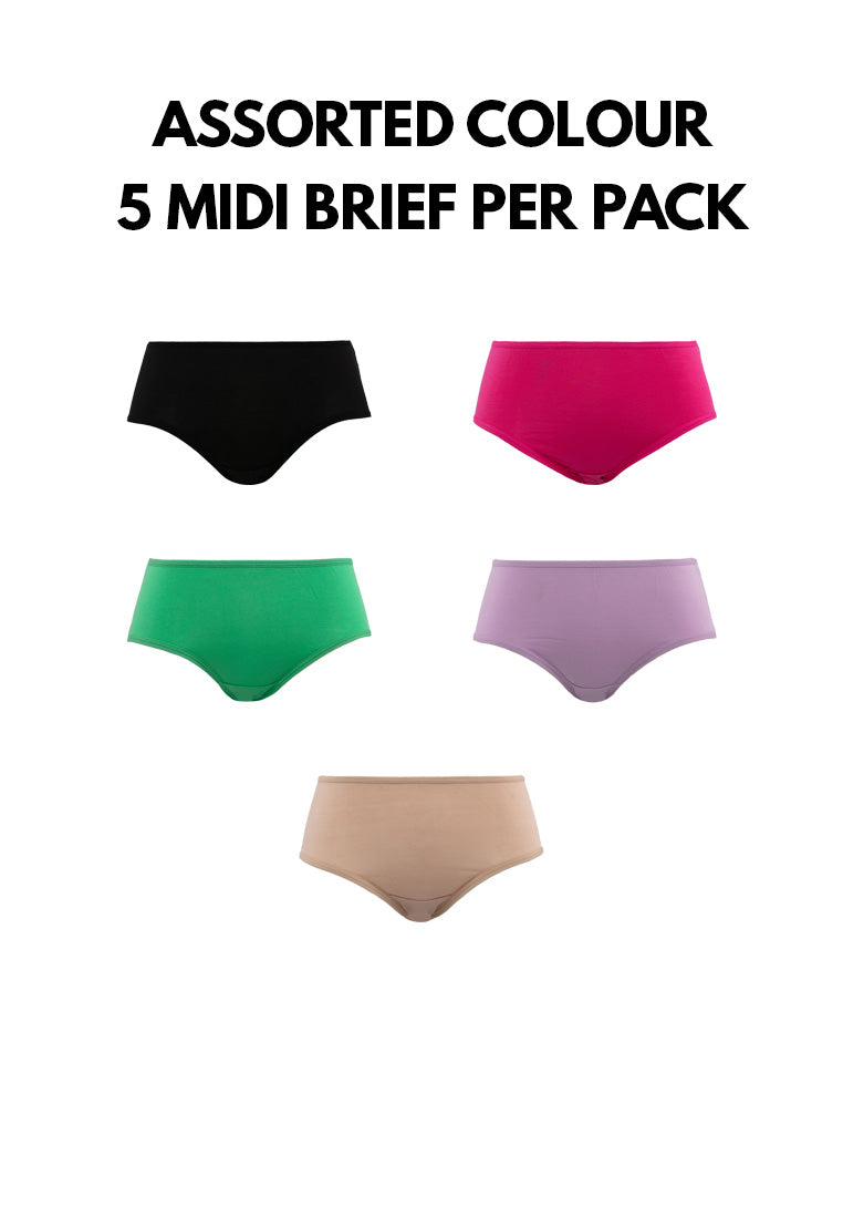 (5 Pcs) Forest Ladies Micromodal Spandex Midi Brief Assorted Colours- FLD0041D