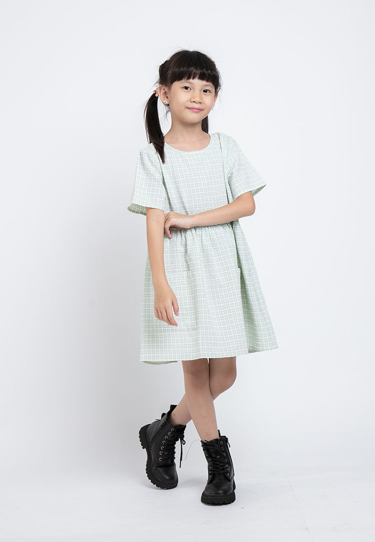 Forest Kids Girl Short Sleeve Kids Pocket Plaid Dress | Baju Budak Perempuan Girl Dresses - FK82015