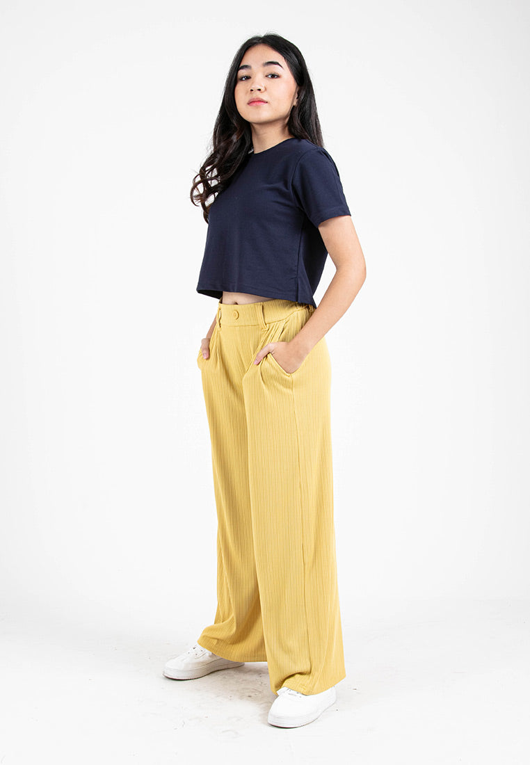 Forest Ladies Elastic Waist Wide Leg Textured Women Pants | Seluar Perempuan Palazzo - 810520