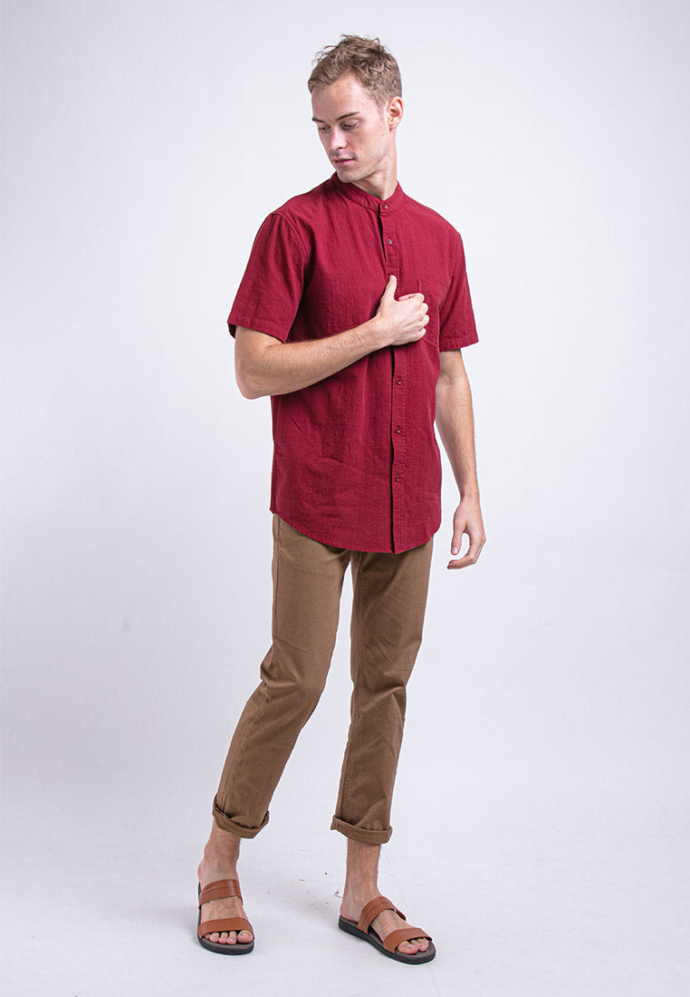 Forest Cotton Woven Short Sleeve Mandarin Collar Plain Men Shirt | Baju Kemeja Lelaki - 23771
