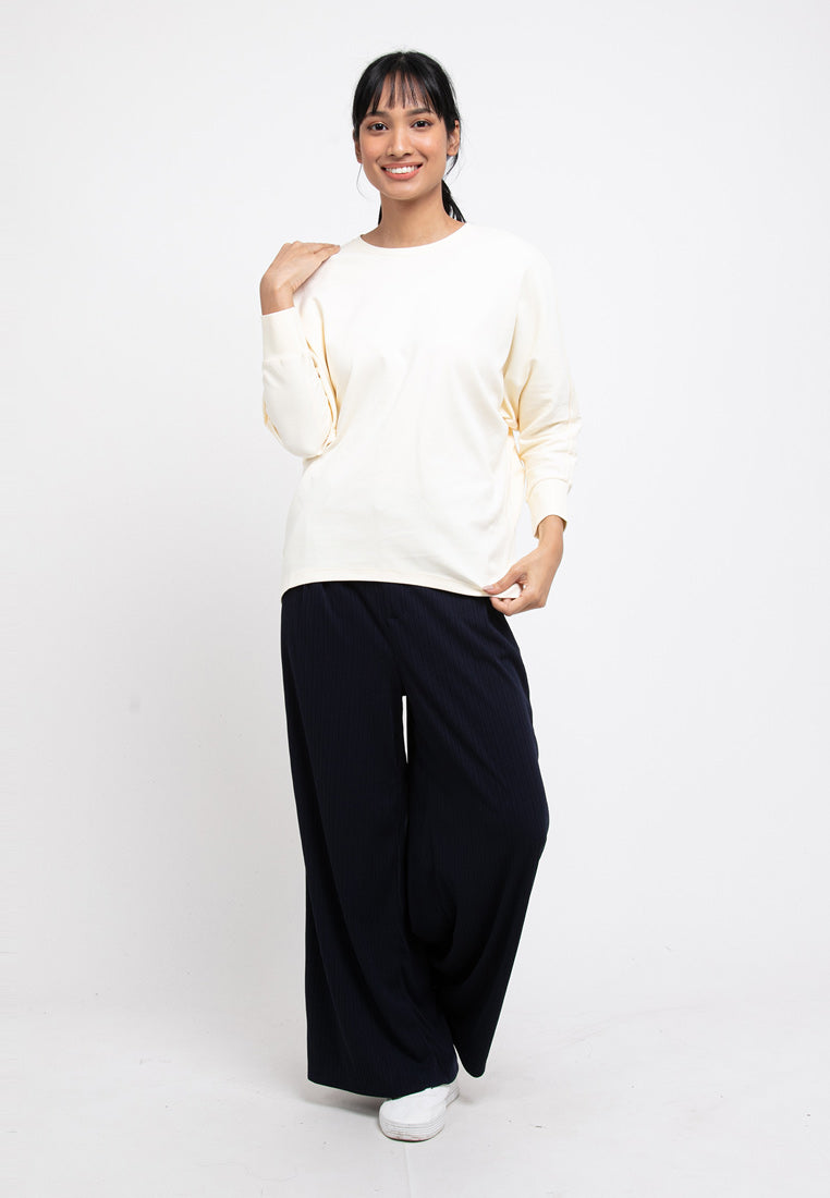 Forest Ladies Elastic Waist Wide Leg Textured Women Pants | Seluar Perempuan Palazzo - 810520