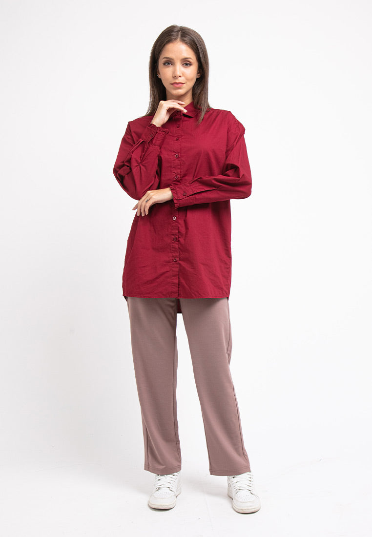 Forest Ladies Woven Long Sleeve Oversized Collar Shirt | Baju Perempuan - 822241