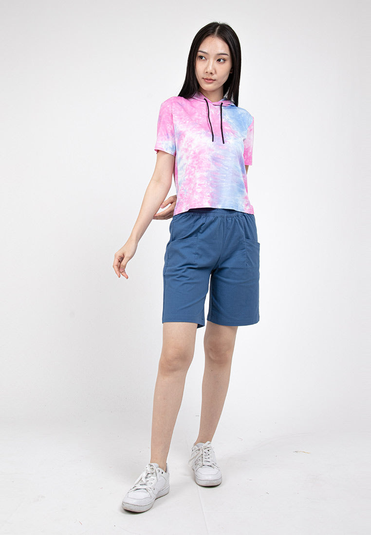 Forest Ladies Stretchable Premium Weight Cotton Tie Dye Cropped Short Sleeve Hoodies - Baju T shirt Perempuan - 822322