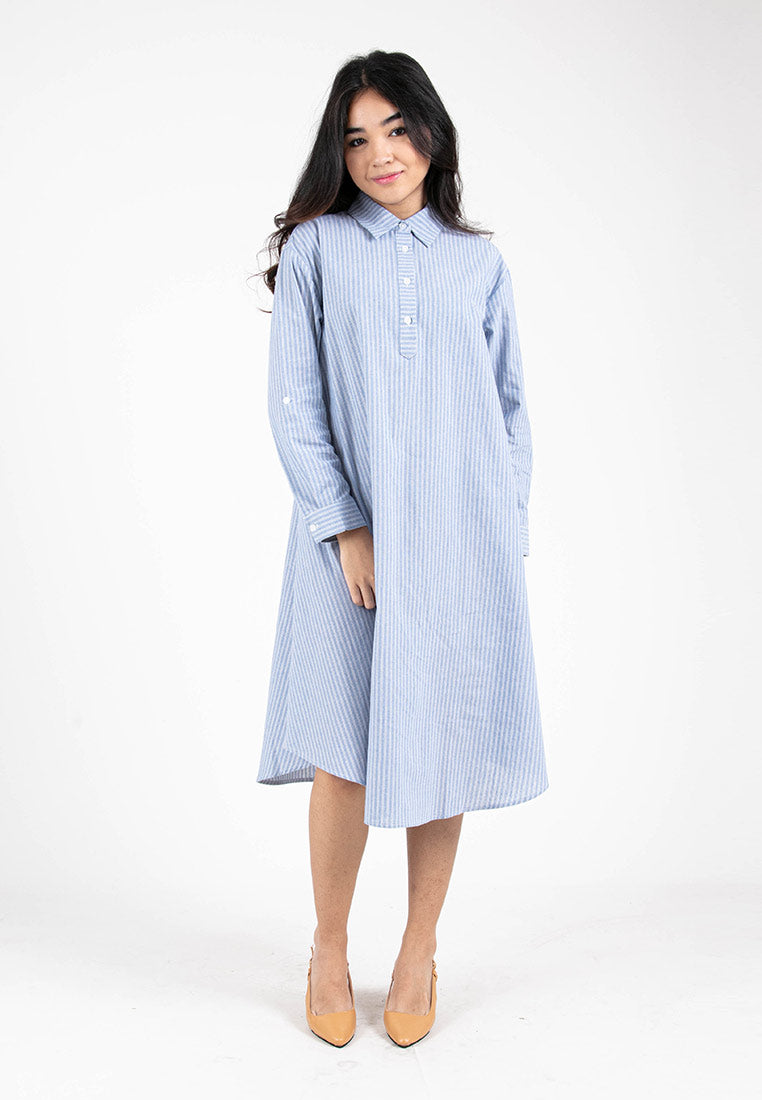 Forest Ladies Cotton Stripe Loose Midi Shirt Dress | Baju Perempuan - 885031