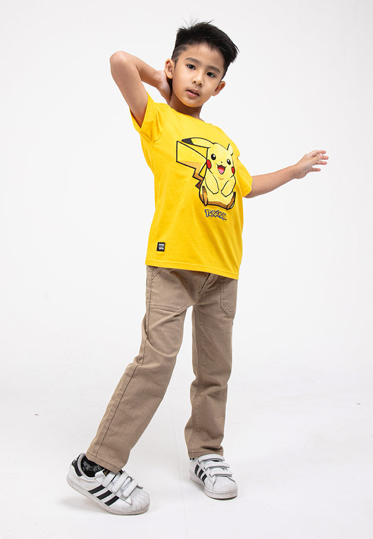 Forest Kids Pokémon Coral Fleece Textured Embroidered Pikachu Round Neck Tshirt | Baju T Shirt Budak - FPK21000