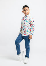 Forest Kids Woven Dinosaur Full Print Boy Collar Long Sleeve Shirt Kids l Baju Kemeja Budak Lelaki - FK2047