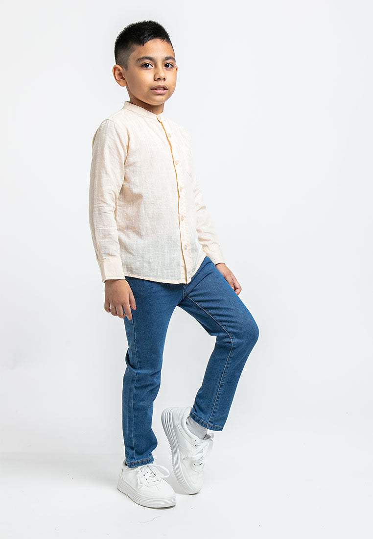 Forest Kids Woven Boy Stand Collar Long Sleeve Shirt Kids l Baju Budak Lelaki - FK2050