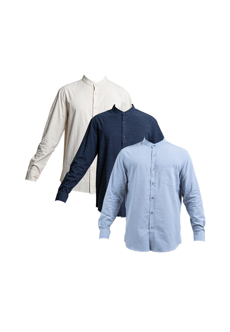 Forest Cotton Woven Long Sleeve Mandarin Collar Plain Men Shirt | Baju Kemeja Lelaki - 23690