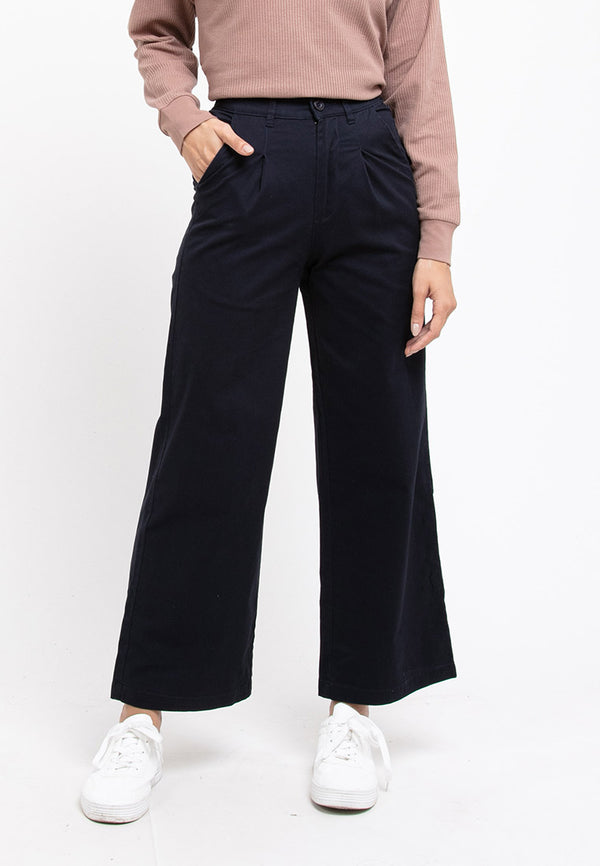 Forest Ladies Cotton Twill Button Elastic Waist Casual Wide Leg Pants | Seluar Perempuan - 810538