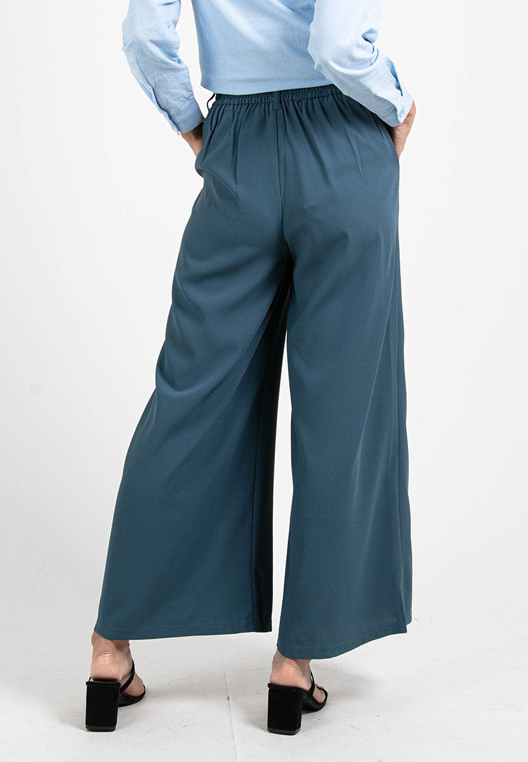 Forest Ladies Elastic Waist Wide Leg Plain Pleated Women Pants | Seluar Perempuan Palazzo - 810521